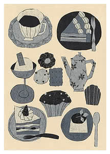 Illustration de café, pâtisseries et desserts avec tasse, cafetière, glace et parts de gâteau.