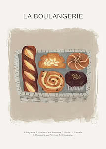 Illustrazione di cestino con baguette e cinque dolci francesi, testo La Boulangerie
