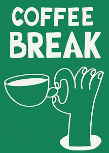 Grafica verde con scritta "COFFEE BREAK" e disegno bianco di una mano con tazza