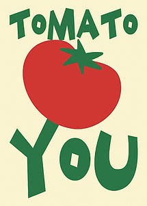 Illustration af rød tomat med grøn tekst 'Tomato You' på lys baggrund