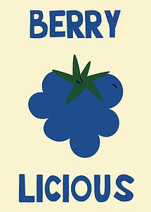 Illustration af blå bær med grønne blade og teksten "BERRY LICIOUS"