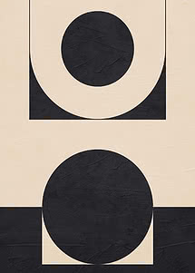 Abstracte poster met zwarte cirkels en gebogen vormen op beige achtergrond
