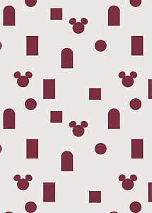 Weißes Muster mit dunkelroten Mickey-Köpfen, Kreisen, Quadraten und Bogenformen