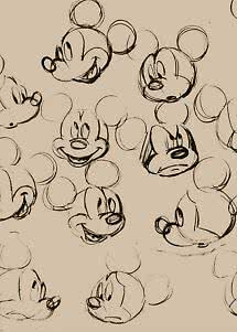 Muster mit Mickey-Mouse-Gesichtsskizzen in schwarzen Linien auf beigem Hintergrund