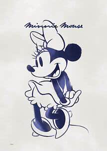 Grafica blu scuro di Minnie su sfondo bianco, Minnie in piedi con scritta "Minnie Mouse" sopra