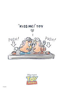 Toy Story illustration of Mr. and Mrs. Potato Head kissing on a platform with push buttons.