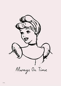 Schwarze Linienzeichnung von Cinderella mit dem Text „Always On Time“ auf hellrosa Hintergrund