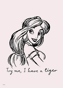 Zwart-witte tekening van Disneyprinses met tekst: "Try me, I have a tiger"
