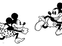 Illustration en noir et blanc de Mickey et Minnie courant l'un vers l'autre sur fond blanc