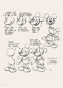 Zwart-wit schetsblad met stapsgewijze opbouw van Mickey Mouse en handgeschreven notities.