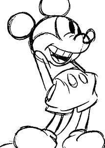 Disegno in bianco e nero di Topolino sorridente con la mano sulla guancia.