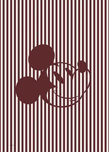 Abstract Disney design with dark red Mickey Mouse silhouette on white background with vertical stripes