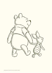 Dessin au trait de Winnie l’Ourson et Porcinet marchant main dans la main, de dos