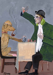 Pintura de un perro con pipa y gafas jugando a las cartas con una persona en una mesa.