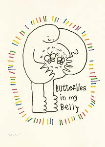 Naiv tegning af en figur, der holder sommerfugle ved maven, med teksten "Butterflies in my Belly"