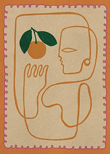 Abstrakte Illustration von Gesicht und Hand mit Orange auf beigem und orangem Hintergrund