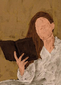 Ilustración pictórica de una mujer de cabello castaño con blusa blanca sosteniendo un libro oscuro
