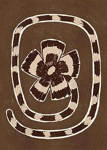 Tessuto marrone con fiore grafico e serpente attorcigliato a righe crema e marrone scuro