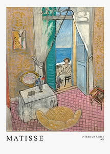 Matisse poster of a painted interior with open balcony doors, sea view and seated woman