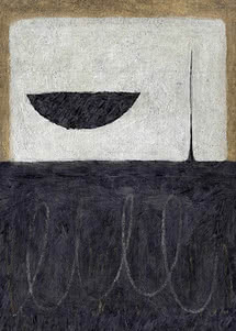 Abstract schilderij met zwarte halve cirkel op witte achtergrond boven een donker vlak