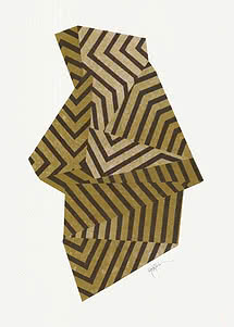 Art mural abstrait avec formes géométriques et motifs zigzag noirs et dorés sur fond blanc