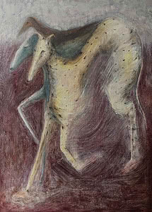 Zwei langbeinige Windhunde vor tief weinrotem Grund gemalt, mit gedämpften Grüntönen und Beinweiß und einem dunstigen graugrünen Himmel darüber
