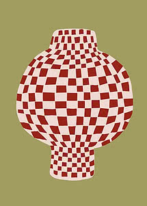 A round-bellied vase covered edge to edge in a red and cream checkerboard that bends with its curve, against a flat olive ground
