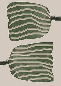 Two stylised tulip heads in deep green banded with cream stripes, on a warm greige ground with dark stems