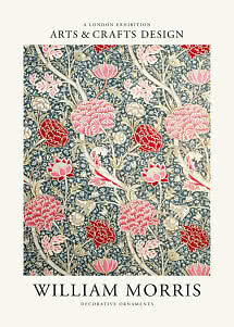 Plakat med William Morris blomsterdesign i pink, rød og creme på mørkeblå baggrund