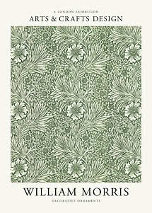 Plakat med grønligt William Morris-blomstermønster og teksten Arts & Crafts Design.