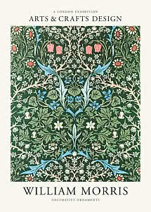 Poster with William Morris floral ornament in green, blue, pink and white with title text