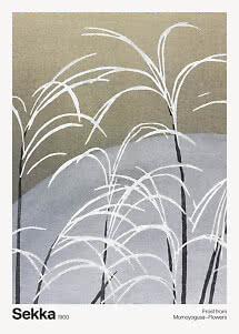 Art print with stylized white frosted grasses on a soft grey and beige background