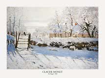 Claude Monet poster showing a snowy landscape, fence, magpie on a gate, and houses in the background