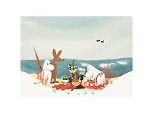 Illustratie van Moomin-figuren op een strandpicknick aan zee met koraal en schelpen