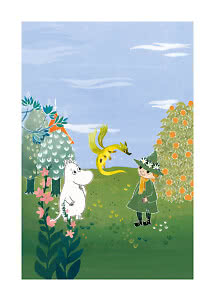 Illustration of Moomin and Little My in a green garden with a yellow dragon under a blue sky