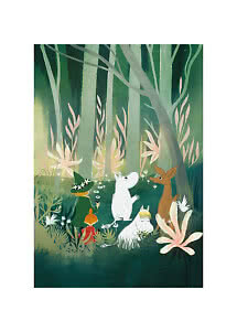 Illustration of the Moomins and friends in a forest with flowers and a deer