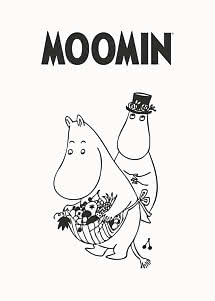 Logo Moomin sopra un disegno lineare di due Mumin, uno con cesto di frutta e uno con cappello floreale