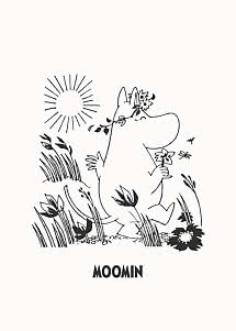 Sort-hvid Mumi-illustration i blomstereng med sol, blomsterkrans og blomst i hånden