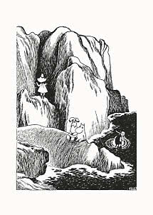 Disegno in bianco e nero di personaggi accanto a grandi rocce e acqua.