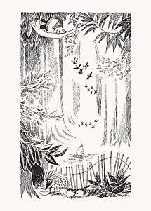 Illustrazione in bianco e nero di una foresta con uccelli, riccio e figura su un’amaca.