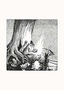 Sort-hvid illustration af små figurer ved et træ og vand, en serverer mad på et fad.