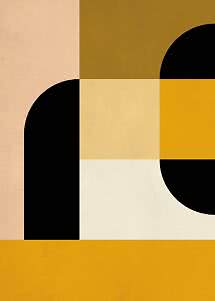 Abstrakt geometrisk plakat i sort, okker, creme og gul med buede former og blokke