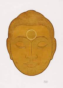 Volto di Buddha dorato stilizzato con occhi chiusi su sfondo chiaro