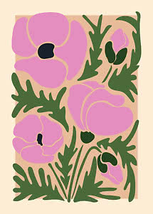 Stilisierte Blumenillustration mit rosa Blüten und dunkelgrünen Blättern auf beigem Hintergrund