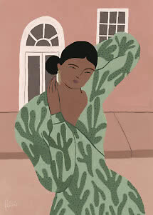 Illustration einer Frau im grün gemusterten Kleid mit erhobenem Arm vor rosa Gebäude
