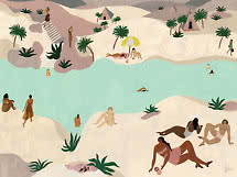 Illustrazione di persone che nuotano e prendono il sole vicino a un’oasi turchese con palme e tende