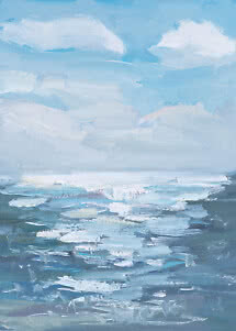 Pintura abstracta de cielo azul con nubes blancas sobre un mar brillante