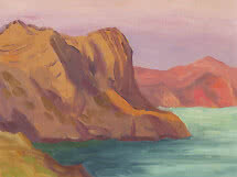 Pintura de acantilados dorados junto a agua turquesa bajo un cielo rosa suave.