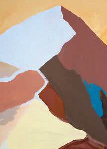 Peinture abstraite aux formes organiques en blanc, brun, beige, terracotta et bleu