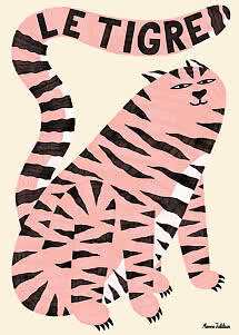 Rosa illustrierter Tiger mit schwarzen Streifen und dem Schriftzug "LE TIGRE" am Schwanz